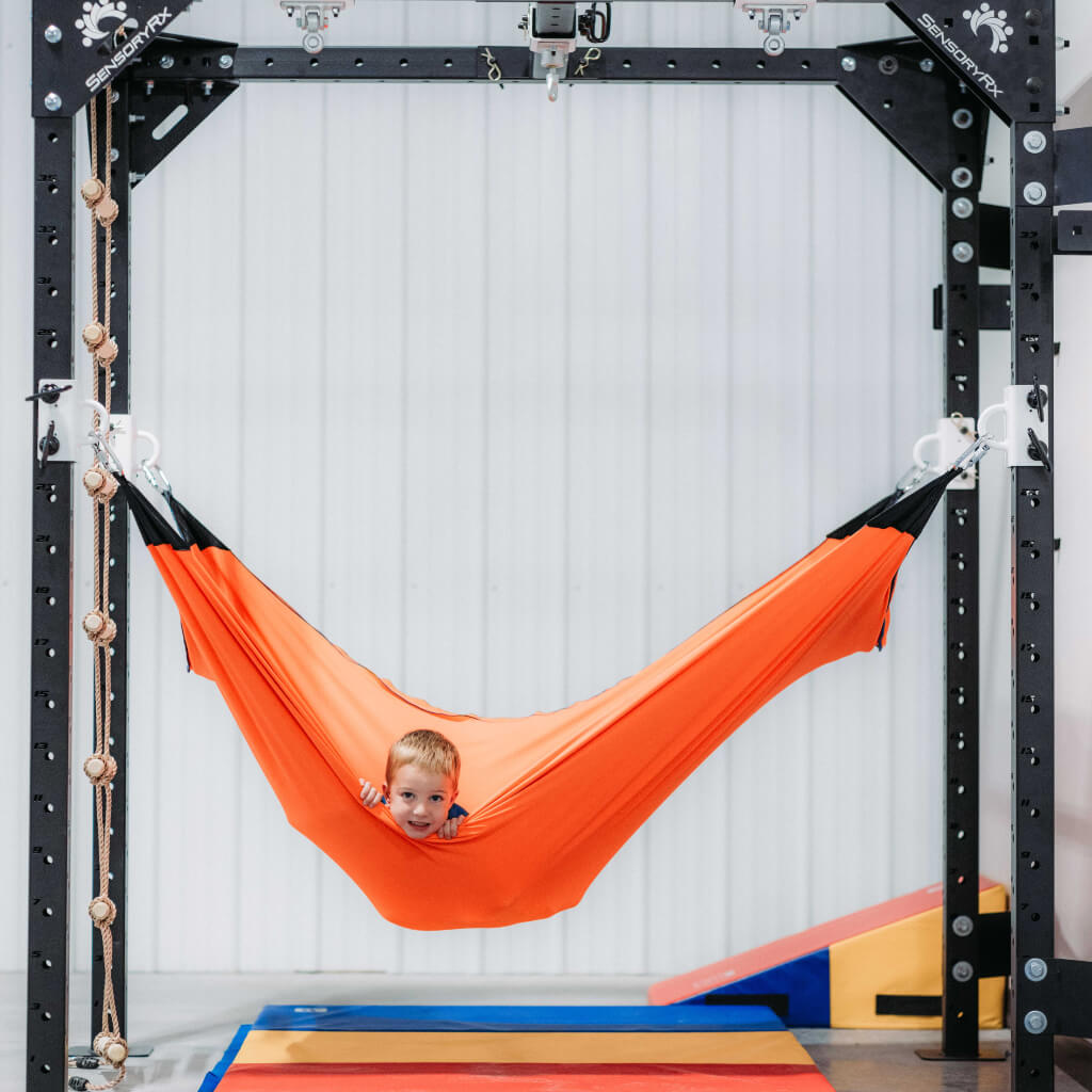 A young boy playing in a lycra hammock swing
