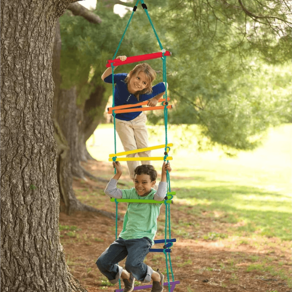 kids playing on HearthSong Rainbow Triangle Rope Climbing Ladder