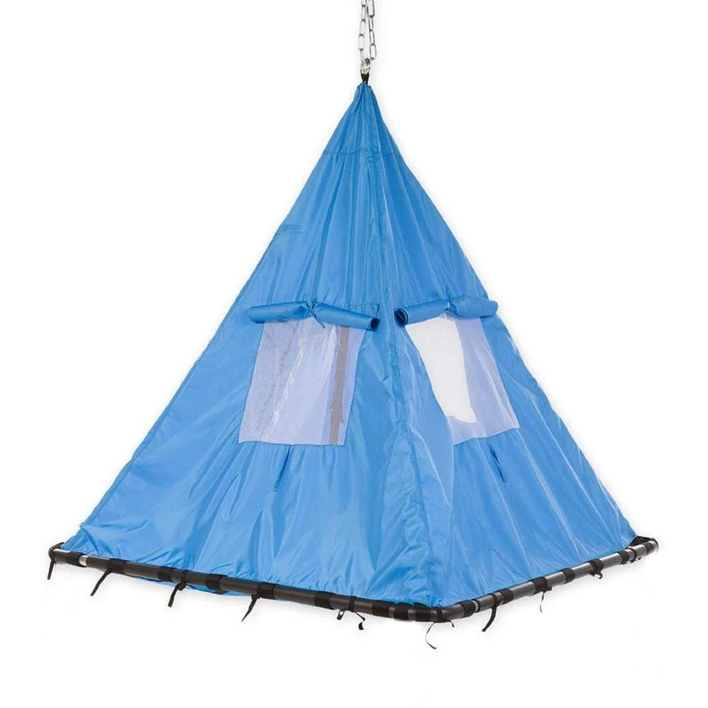 Hanging blue tent swing with roll up windows